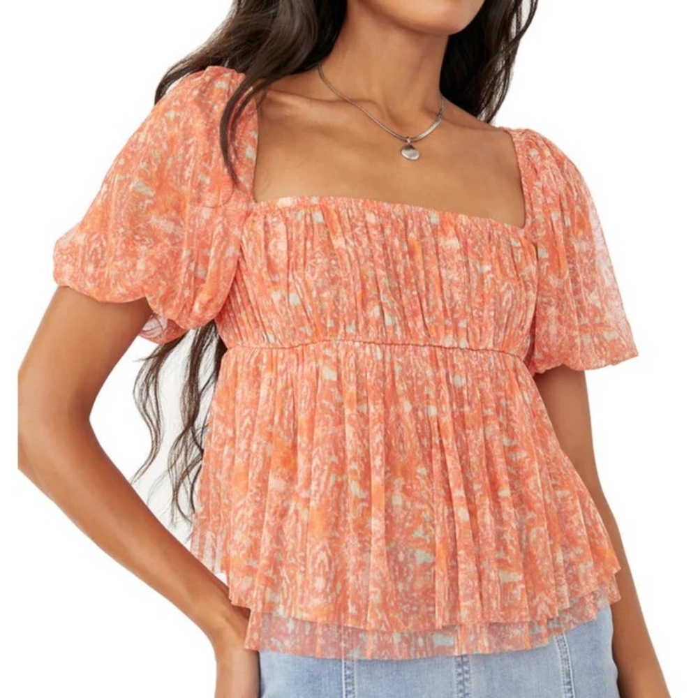 Free People Penelope tee puff sleeve peach combo size XL NWT
